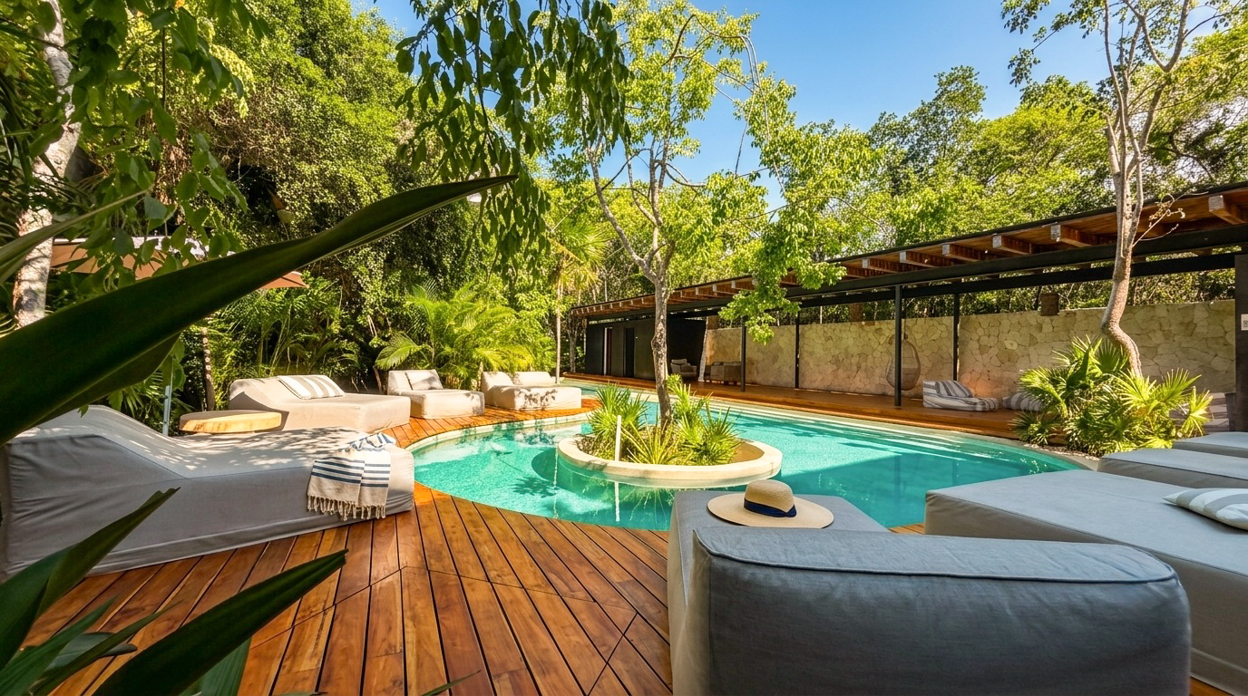 Tropical shared pool surrounded by lush gardens at Humana Tulum